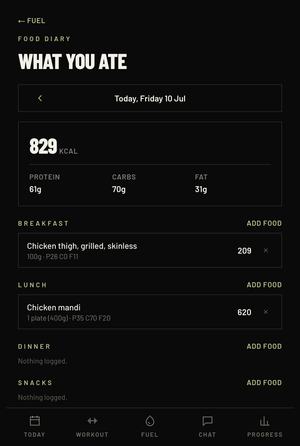 The LFG app food diary screen