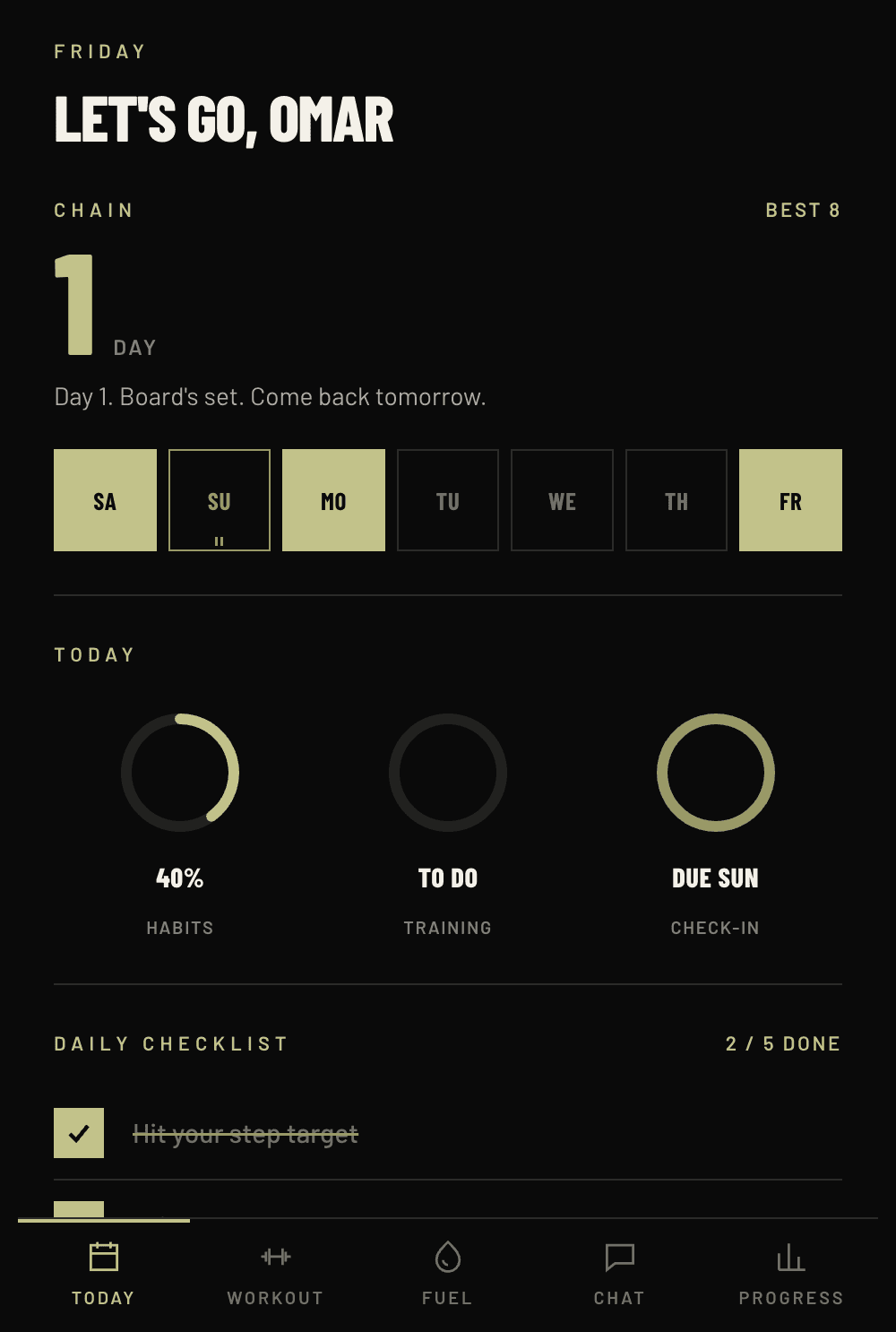 The LFG app Today screen showing the daily streak, rings and checklist